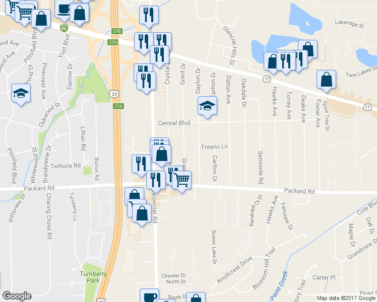 map of restaurants, bars, coffee shops, grocery stores, and more near 2813 Grant Drive in Ann Arbor