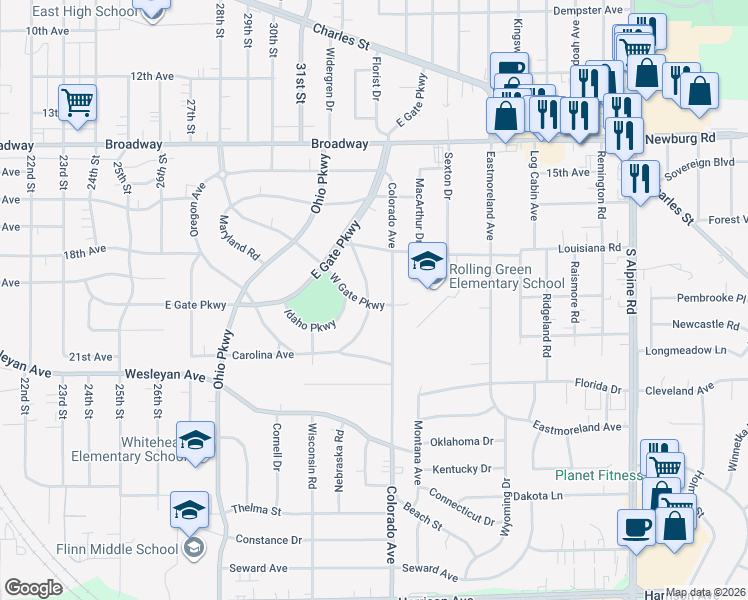 map of restaurants, bars, coffee shops, grocery stores, and more near 1924 Nebraska Road in Rockford