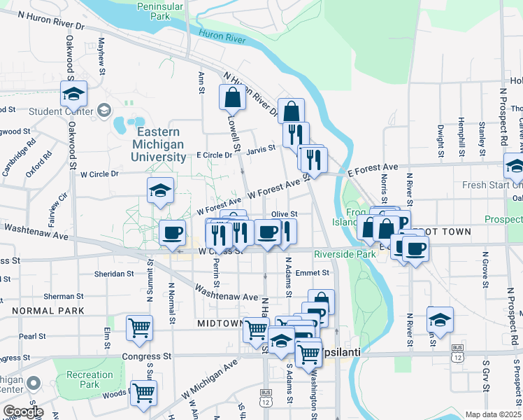 map of restaurants, bars, coffee shops, grocery stores, and more near 501 North Hamilton Street in Ypsilanti