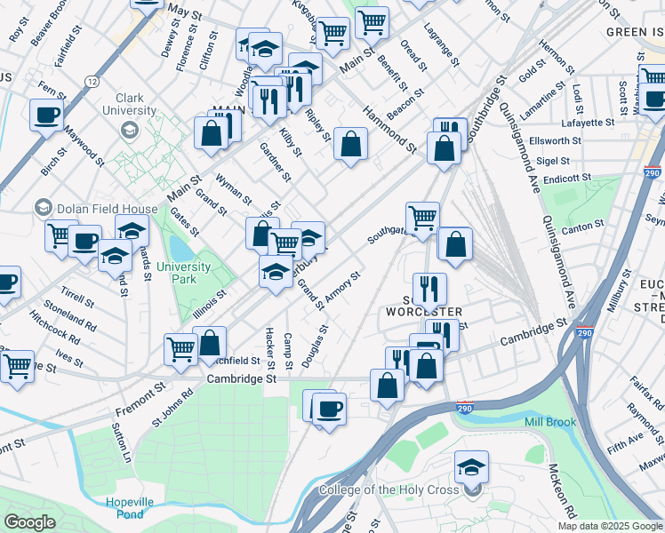 map of restaurants, bars, coffee shops, grocery stores, and more near 33 Southgate Street in Worcester