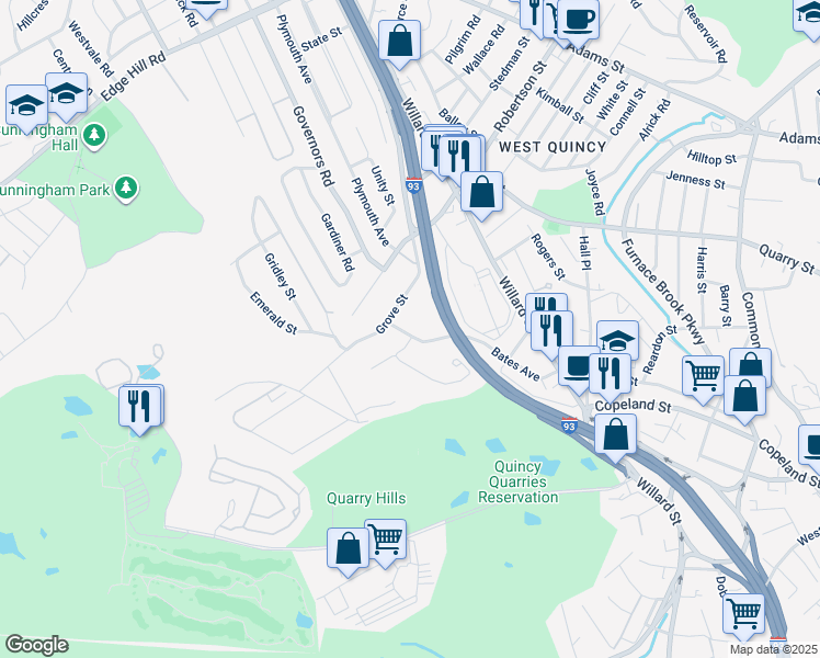 map of restaurants, bars, coffee shops, grocery stores, and more near 147 Bates Avenue in Quincy