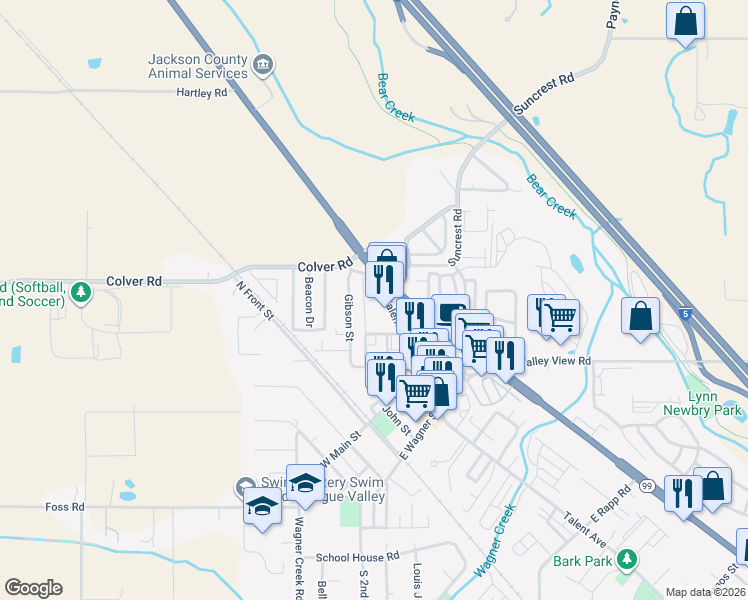 map of restaurants, bars, coffee shops, grocery stores, and more near 232 Gibson Street in Talent