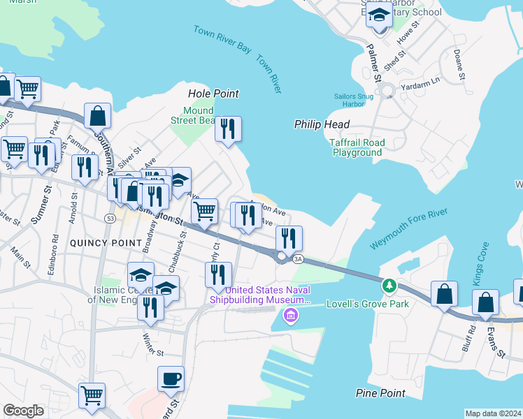 map of restaurants, bars, coffee shops, grocery stores, and more near 34 Lawn Avenue in Quincy