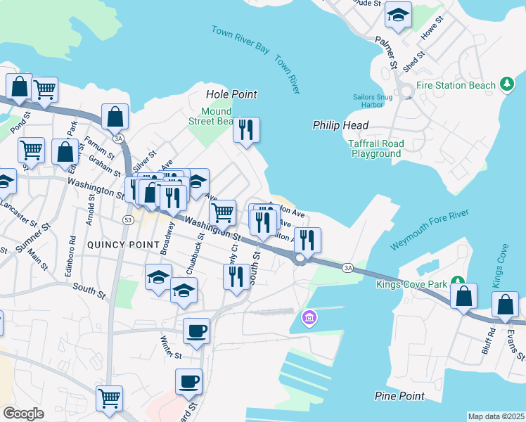 map of restaurants, bars, coffee shops, grocery stores, and more near 34 Lawn Avenue in Quincy