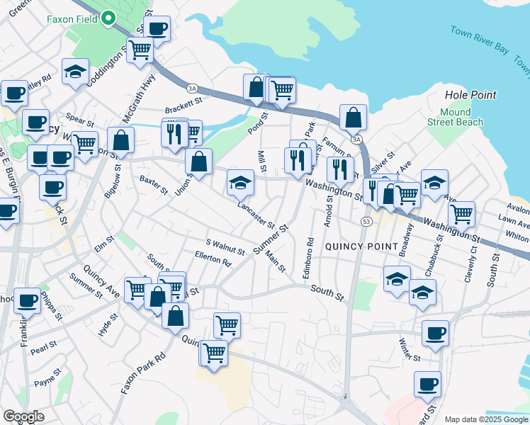 map of restaurants, bars, coffee shops, grocery stores, and more near 96 Lancaster Street in Quincy