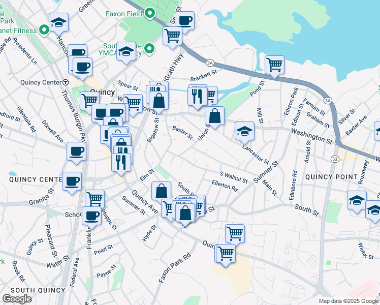 map of restaurants, bars, coffee shops, grocery stores, and more near 17 Union Street in Quincy