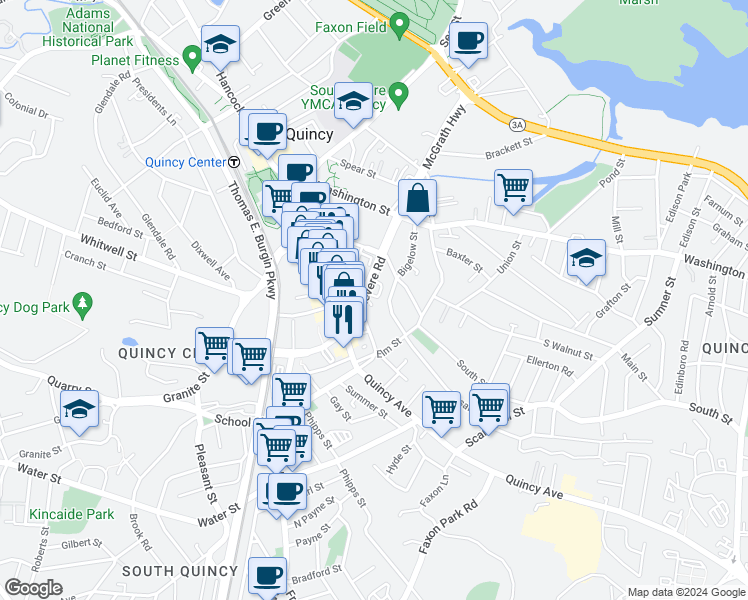 map of restaurants, bars, coffee shops, grocery stores, and more near 35 Revere Road in Quincy