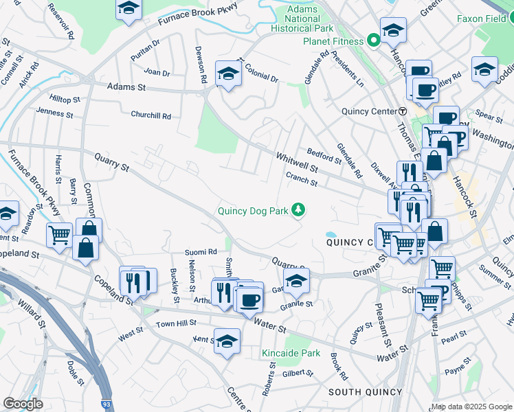 map of restaurants, bars, coffee shops, grocery stores, and more near 109-117 Quarry Street in Quincy