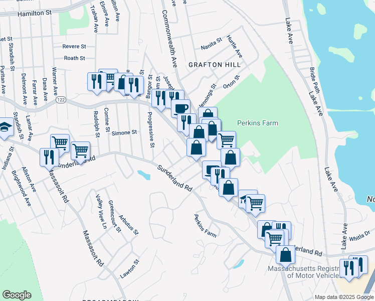 map of restaurants, bars, coffee shops, grocery stores, and more near 888 Grafton Street in Worcester