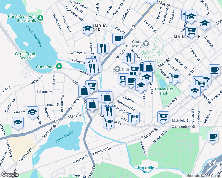 map of restaurants, bars, coffee shops, grocery stores, and more near 4 Agawam Street in Worcester