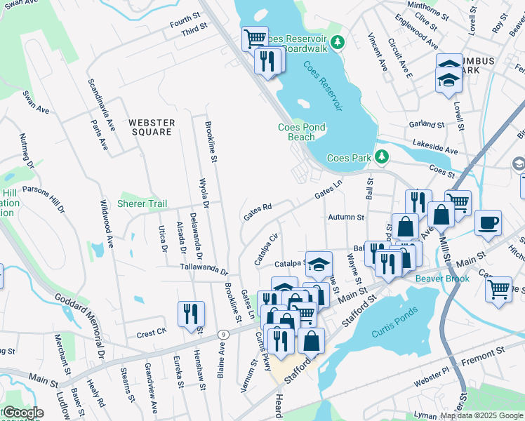 map of restaurants, bars, coffee shops, grocery stores, and more near 22 Gates Road in Worcester