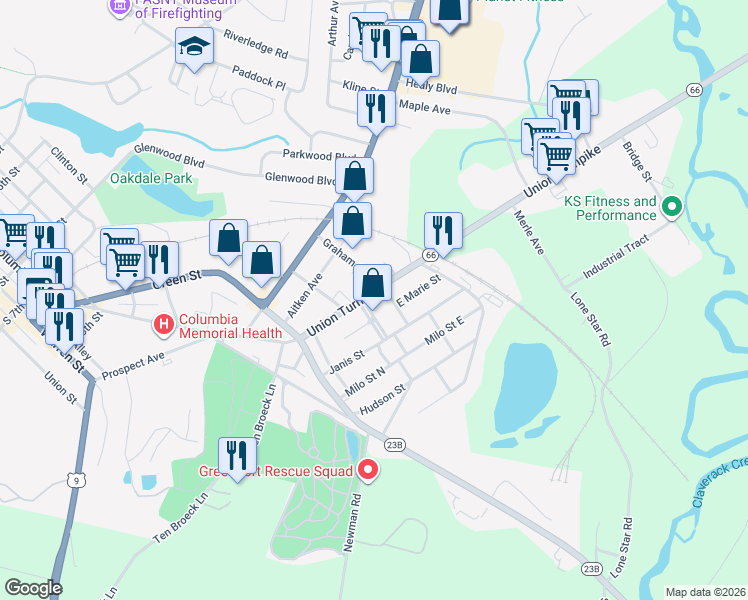 map of restaurants, bars, coffee shops, grocery stores, and more near 19 Union Turnpike in Hudson