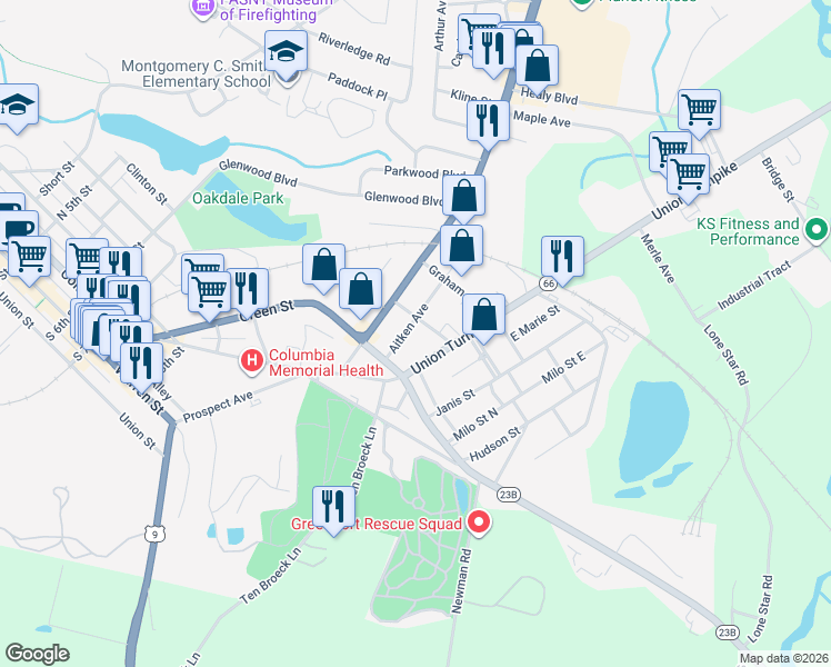 map of restaurants, bars, coffee shops, grocery stores, and more near 13 Aitken Avenue in Hudson