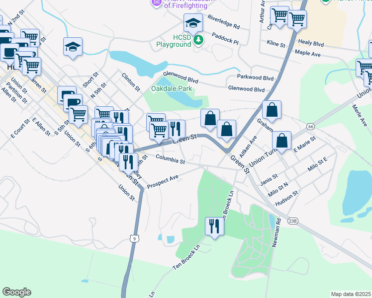 map of restaurants, bars, coffee shops, grocery stores, and more near 886 Columbia Street in Hudson
