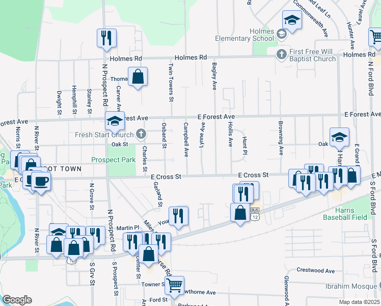 map of restaurants, bars, coffee shops, grocery stores, and more near 545 Lynne Avenue in Ypsilanti