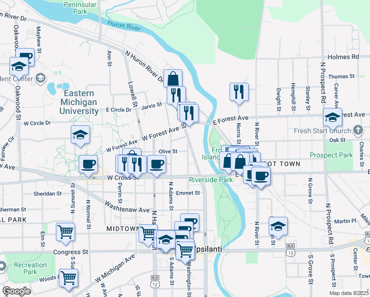 map of restaurants, bars, coffee shops, grocery stores, and more near 430 North Washington Street in Ypsilanti
