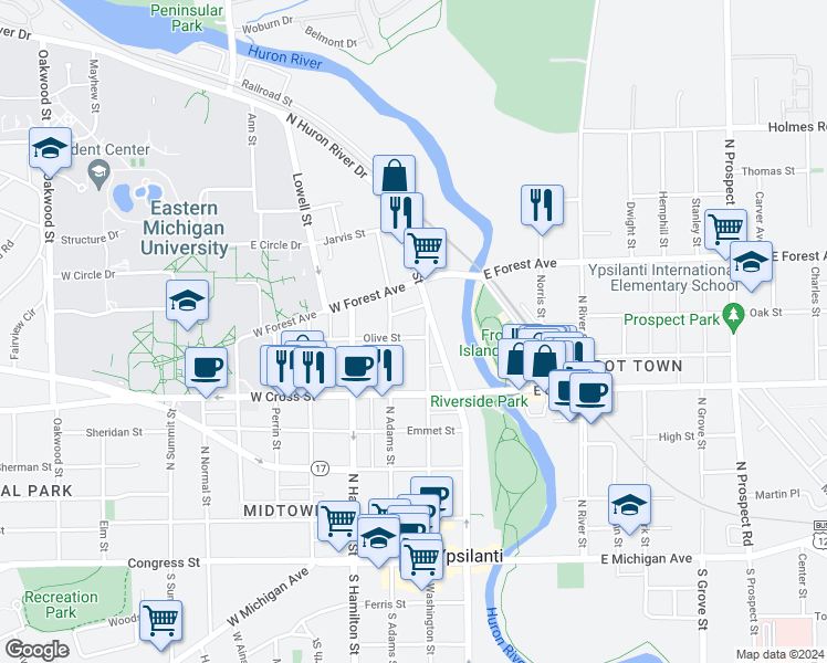 map of restaurants, bars, coffee shops, grocery stores, and more near 430 North Washington Street in Ypsilanti
