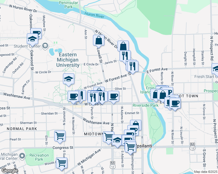 map of restaurants, bars, coffee shops, grocery stores, and more near 502 North Hamilton Street in Ypsilanti
