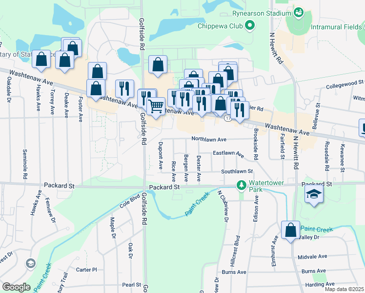 map of restaurants, bars, coffee shops, grocery stores, and more near 512 Rice Avenue in Ypsilanti