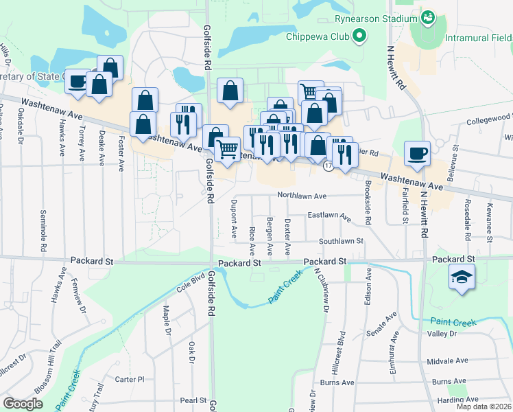 map of restaurants, bars, coffee shops, grocery stores, and more near 512 Rice Avenue in Ypsilanti