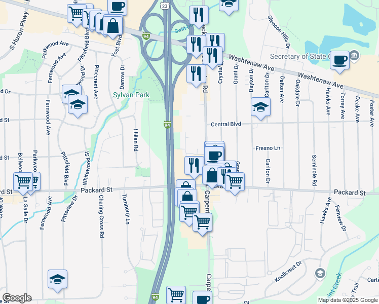 map of restaurants, bars, coffee shops, grocery stores, and more near 2790 Carpenter Road in Ann Arbor