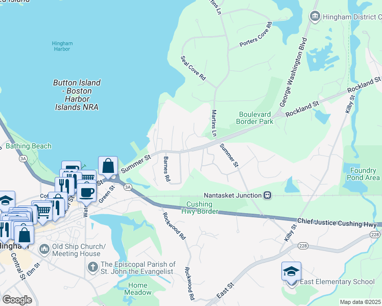 map of restaurants, bars, coffee shops, grocery stores, and more near 111R Summer Street in Hingham