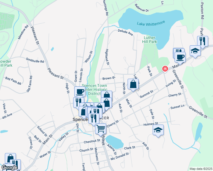 map of restaurants, bars, coffee shops, grocery stores, and more near 10 Jones Street in Spencer