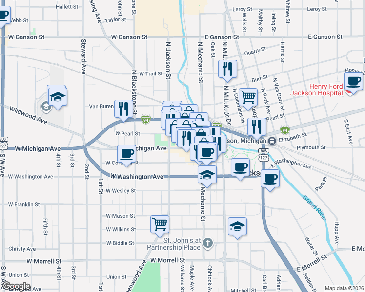 map of restaurants, bars, coffee shops, grocery stores, and more near 160 West Michigan Avenue in Jackson