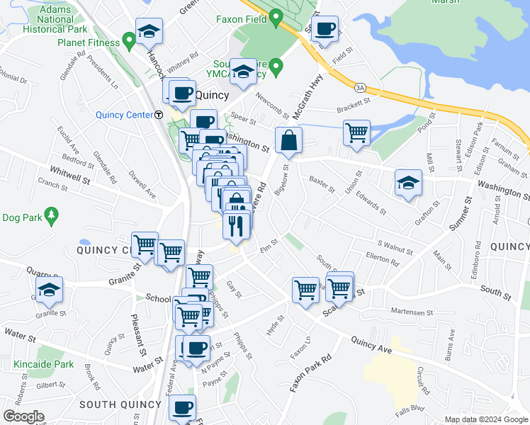 map of restaurants, bars, coffee shops, grocery stores, and more near 79 Bigelow Street in Quincy