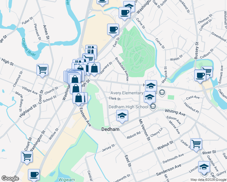 map of restaurants, bars, coffee shops, grocery stores, and more near 47 Avery Street in Dedham