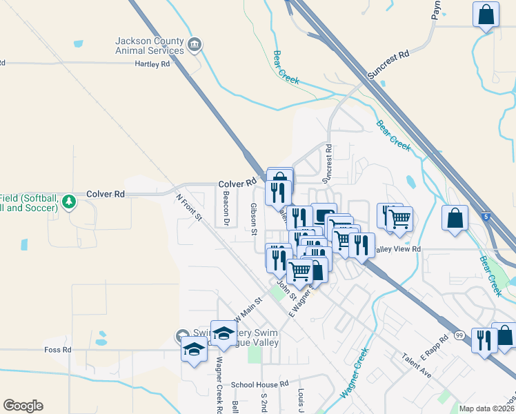 map of restaurants, bars, coffee shops, grocery stores, and more near 232 Gibson Street in Talent