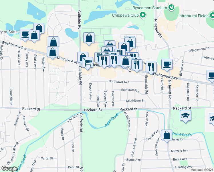 map of restaurants, bars, coffee shops, grocery stores, and more near 513 Dexter Avenue in Ypsilanti