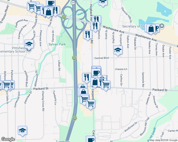 map of restaurants, bars, coffee shops, grocery stores, and more near 2864 Carpenter Road in Ann Arbor