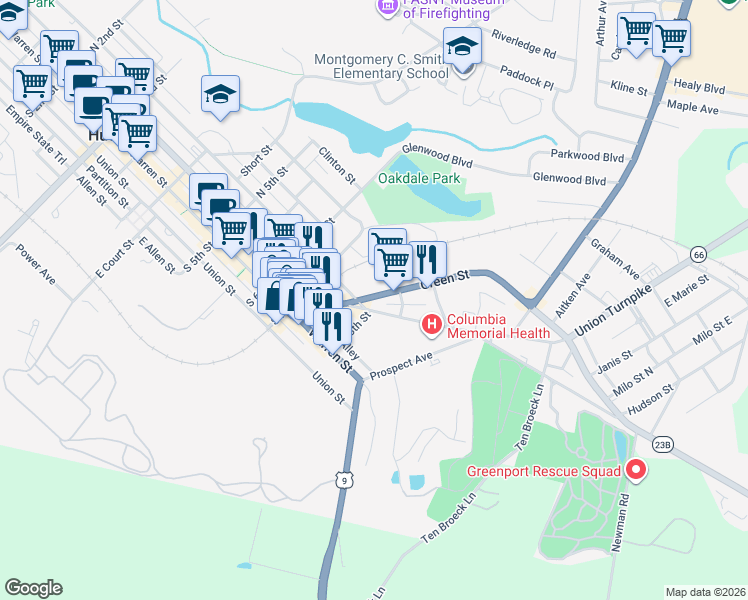 map of restaurants, bars, coffee shops, grocery stores, and more near in Hudson
