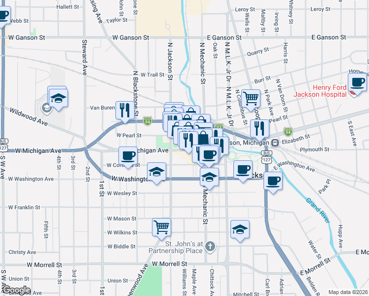 map of restaurants, bars, coffee shops, grocery stores, and more near 160 West Michigan Avenue in Jackson