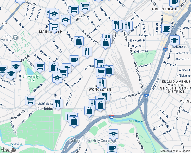 map of restaurants, bars, coffee shops, grocery stores, and more near 3 Congdon Street in Worcester