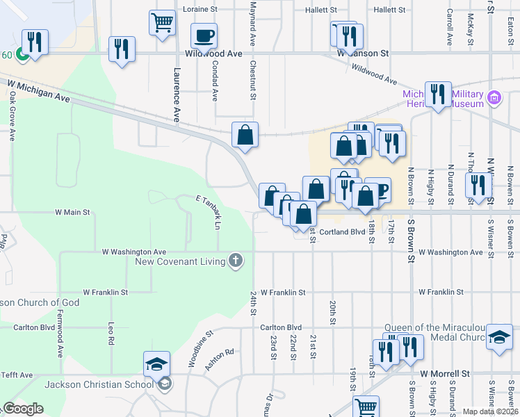 map of restaurants, bars, coffee shops, grocery stores, and more near 2300 24th Street in Jackson
