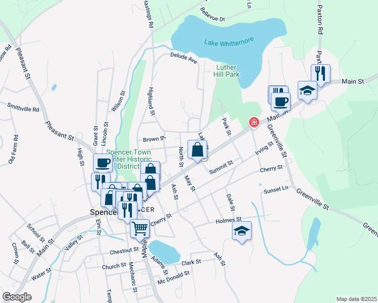 map of restaurants, bars, coffee shops, grocery stores, and more near 4 Powers Street in Spencer