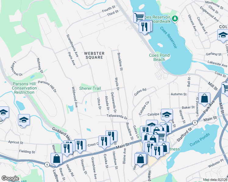 map of restaurants, bars, coffee shops, grocery stores, and more near 36 Delawanda Drive in Worcester