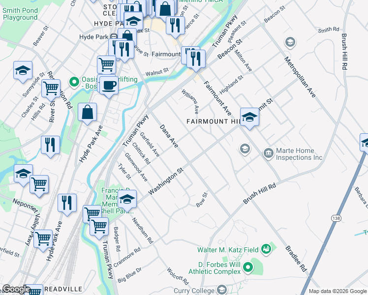 map of restaurants, bars, coffee shops, grocery stores, and more near 164 Dana Avenue in Boston