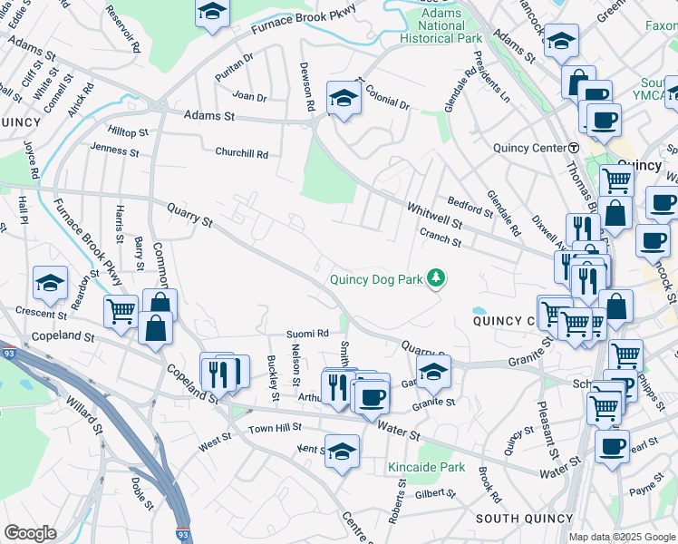 map of restaurants, bars, coffee shops, grocery stores, and more near 229 Quarry Street in Quincy