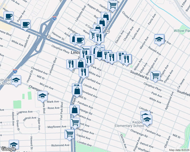 map of restaurants, bars, coffee shops, grocery stores, and more near 1167 White Avenue in Lincoln Park
