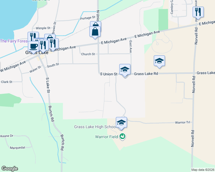 map of restaurants, bars, coffee shops, grocery stores, and more near 745 Arthur Drive in Grass Lake