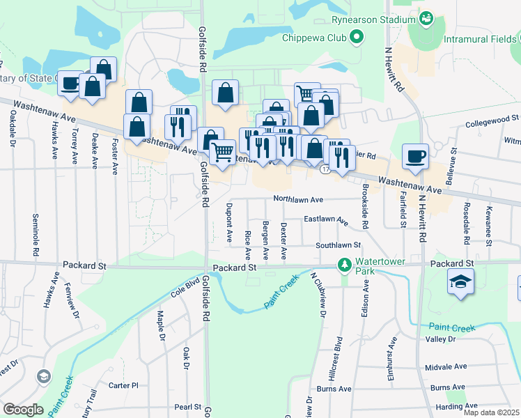 map of restaurants, bars, coffee shops, grocery stores, and more near 512 Rice Avenue in Ypsilanti
