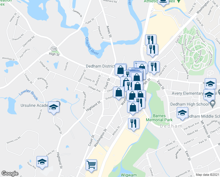 map of restaurants, bars, coffee shops, grocery stores, and more near 55 Church Street in Dedham