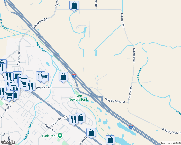map of restaurants, bars, coffee shops, grocery stores, and more near 671 West Valley View Road in Ashland