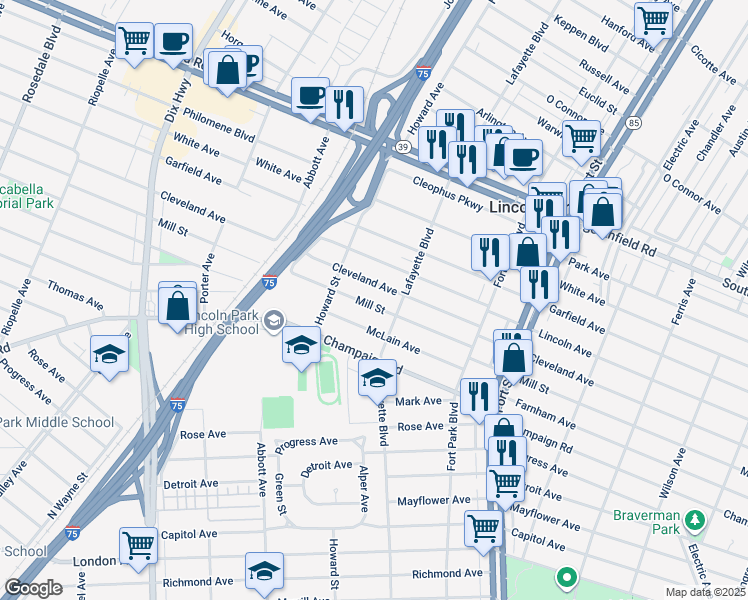 map of restaurants, bars, coffee shops, grocery stores, and more near 1536 Mill St in Lincoln Park