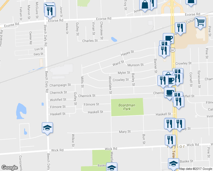 map of restaurants, bars, coffee shops, grocery stores, and more near 25022 Champaign Street in Taylor