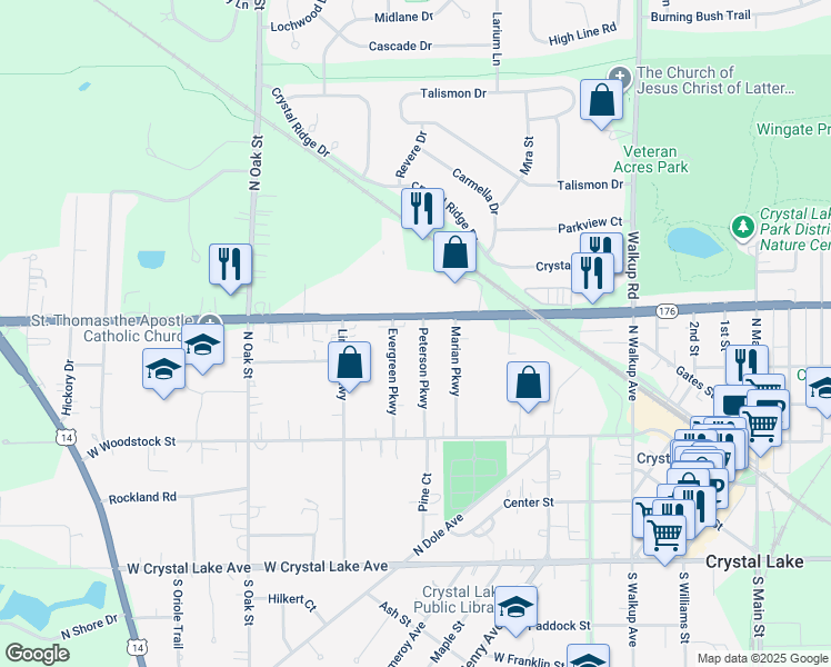 map of restaurants, bars, coffee shops, grocery stores, and more near 226 Peterson Parkway in Crystal Lake