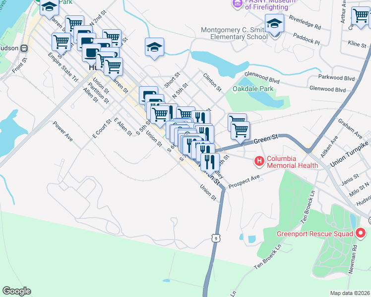map of restaurants, bars, coffee shops, grocery stores, and more near 624 Warren Street in Hudson